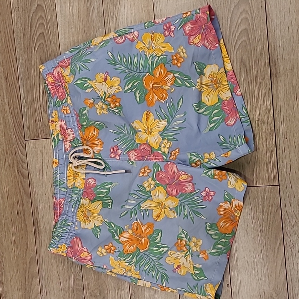POLO RALPH LAUREN‎ Light Blue Gold Floral Pattern Large Mens Swim Trunks